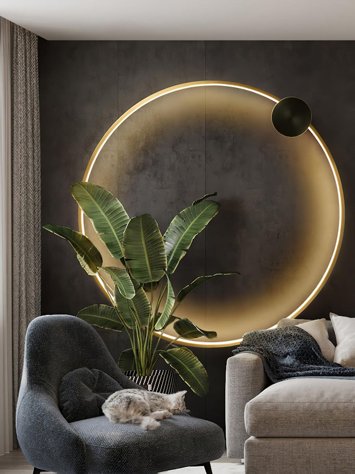 Brass Ring Integrated LED Wall Light / Dia 30cm Set of 2 / Black & Brass / Three-Color Changing Light