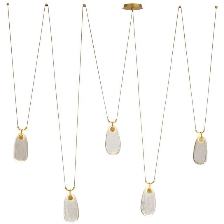 Clear Cast Glass Drop Chandelier / Antique Brass Gold