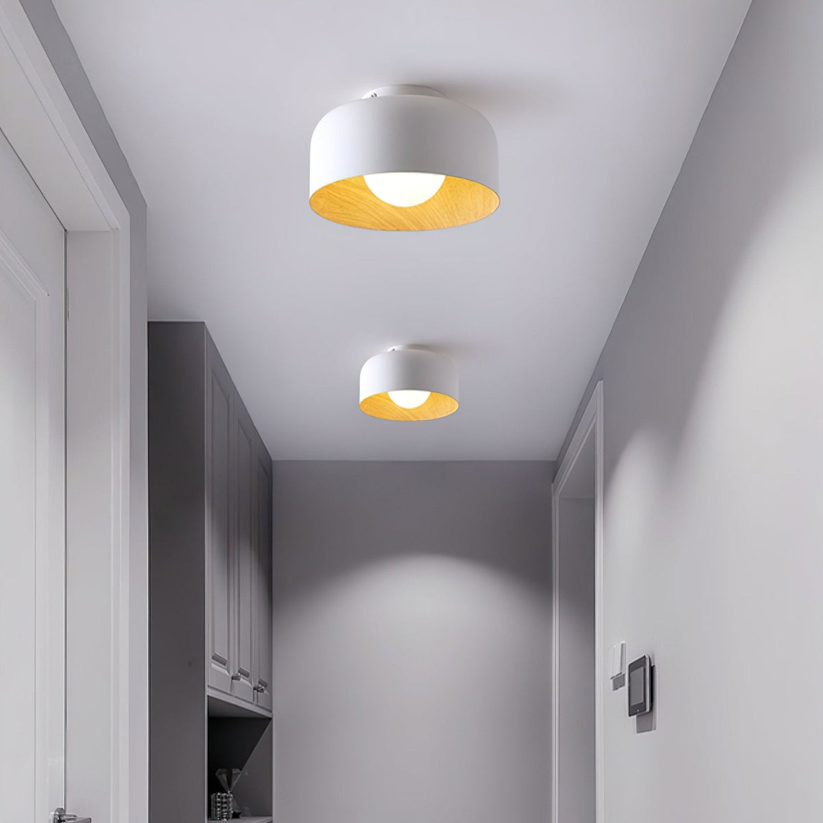 Compact Wood-Look Sphere Ceiling Light / ∅ 8.7″ x H 5.1″ / White