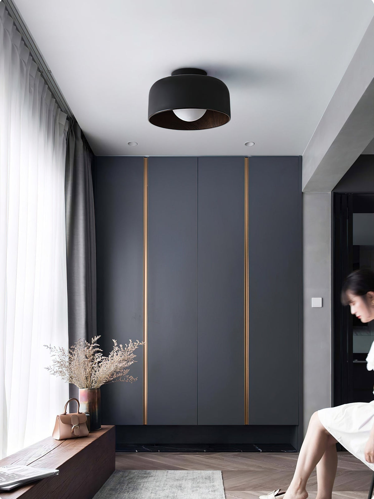 Compact Wood-Look Sphere Ceiling Light