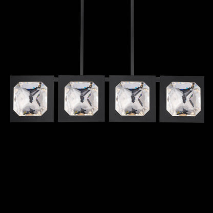 Four-Crystal Aged Brass Linear Pendant Light / Black
