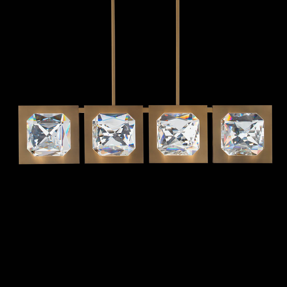 Four-Crystal Aged Brass Linear Pendant Light / Aged Brass