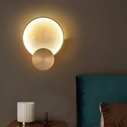 Gold Alabaster Cylinder LED Wall Light / ∅ 8.6″ x H 11.4″ / Dia 22cm x H 29cm Set of 2 / Gold & White Alabaster / Warm White