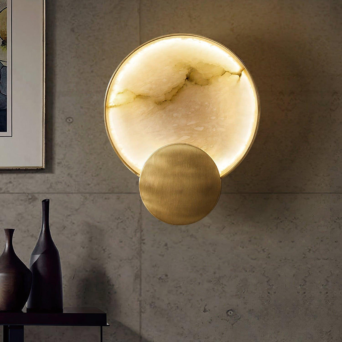 Gold Alabaster Cylinder LED Wall Light / ∅ 8.6″ x H 11.4″ / Dia 22cm x H 29cm Set of 2 / Gold & White Alabaster / Cool White
