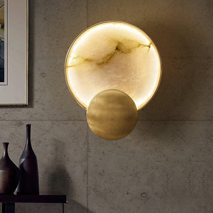 Gold Alabaster Cylinder LED Wall Light / ∅ 8.6″ x H 11.4″ / Dia 22cm x H 29cm Set of 2 / Gold & White Alabaster / Cool White