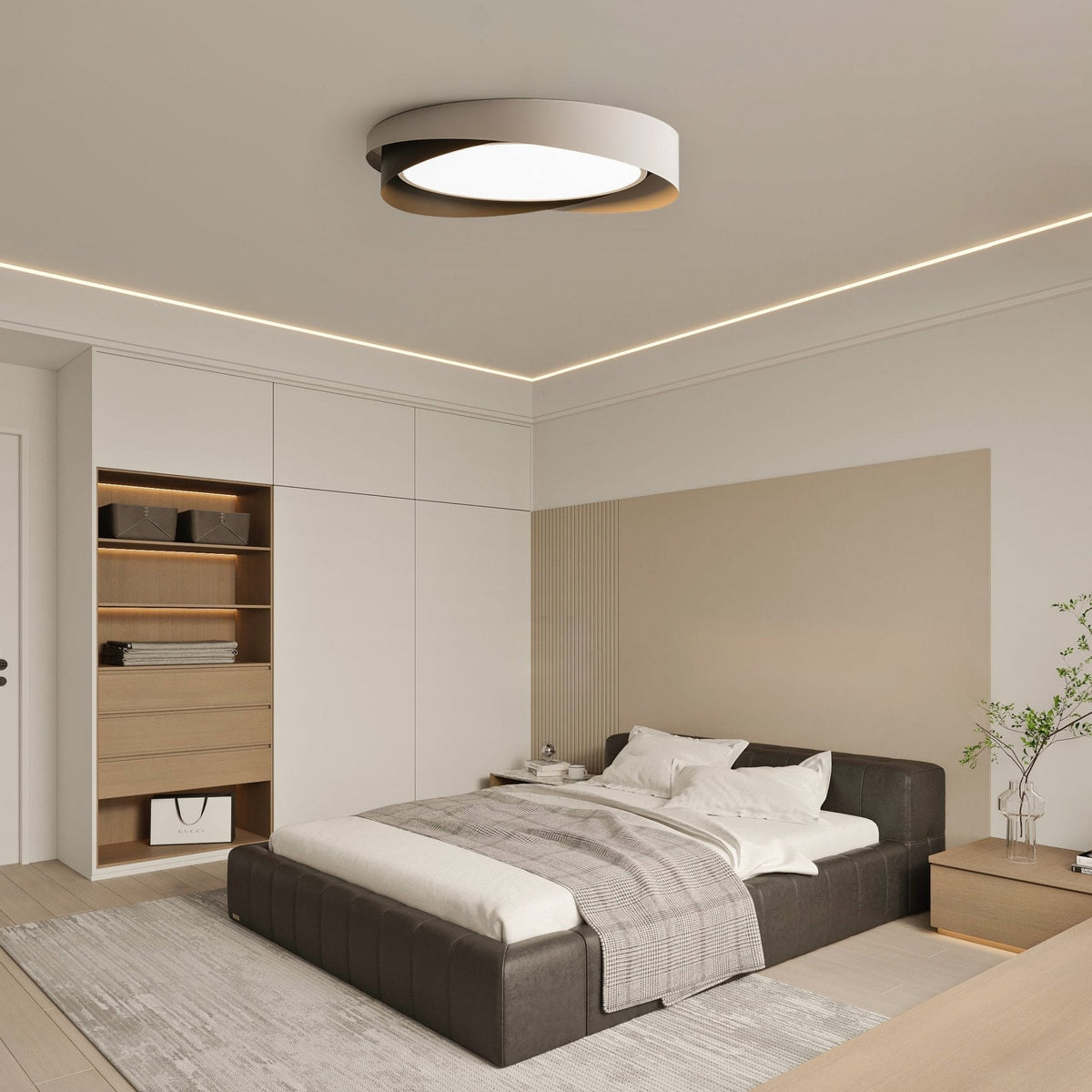 Slim Halo Integrated LED Ceiling Light / ∅ 19.7″ x H 3.5″ / Dia 50cm x H 9cm (Power: ~36W) / Black & Gold / Warm Light
