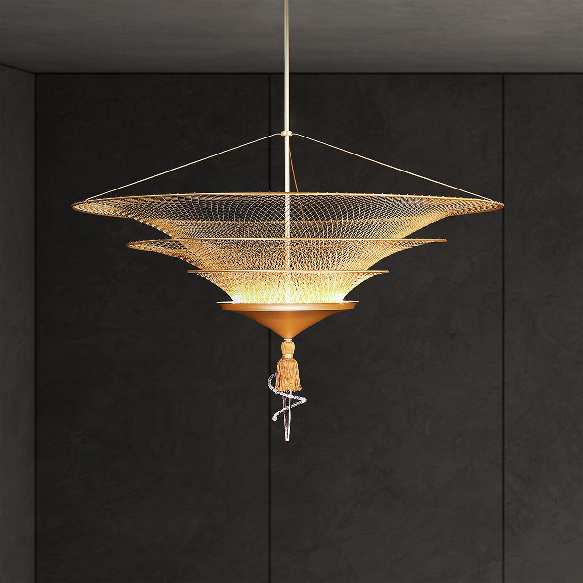 Woven Metal Three-Tier Crystal Pendant Light